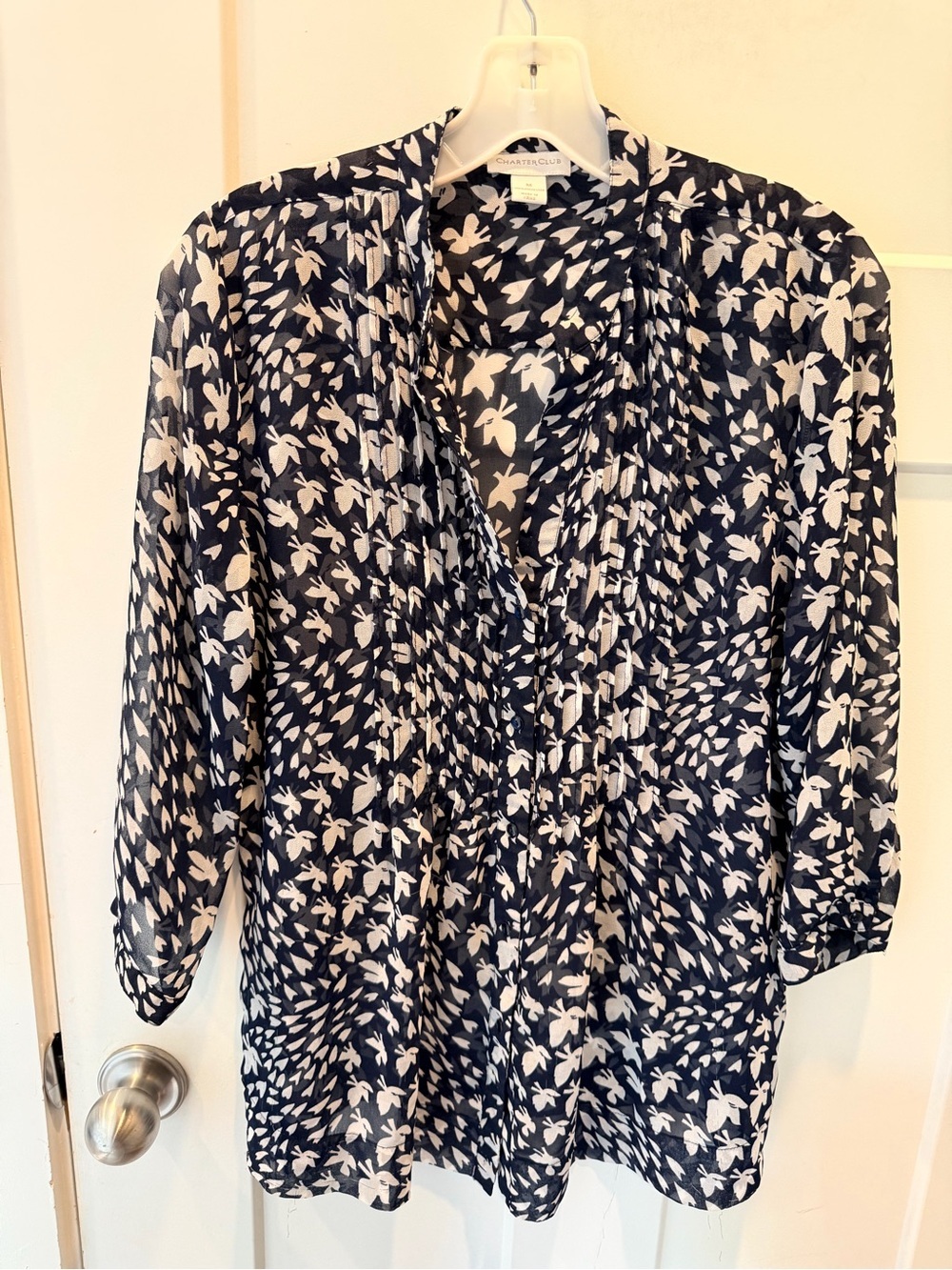 Charter Club Navy Floral Sheer Blouse Medium 3/4 Sleeve Lightweight Top